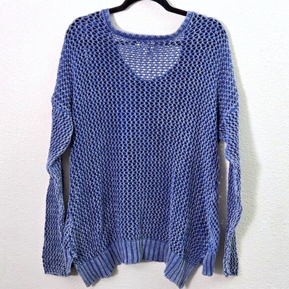 ECI New York Cotton Cable Knit Sweater Blue Textured Pullover XL Boho - Picture 2 of 9